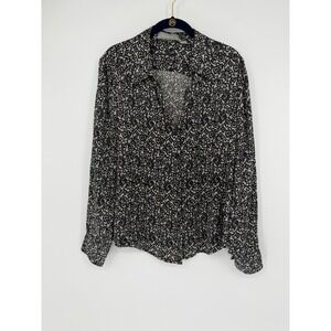 Liz Claiborne Womens Black White Lace Print Button Down 100% Silk Blouse Sz 14